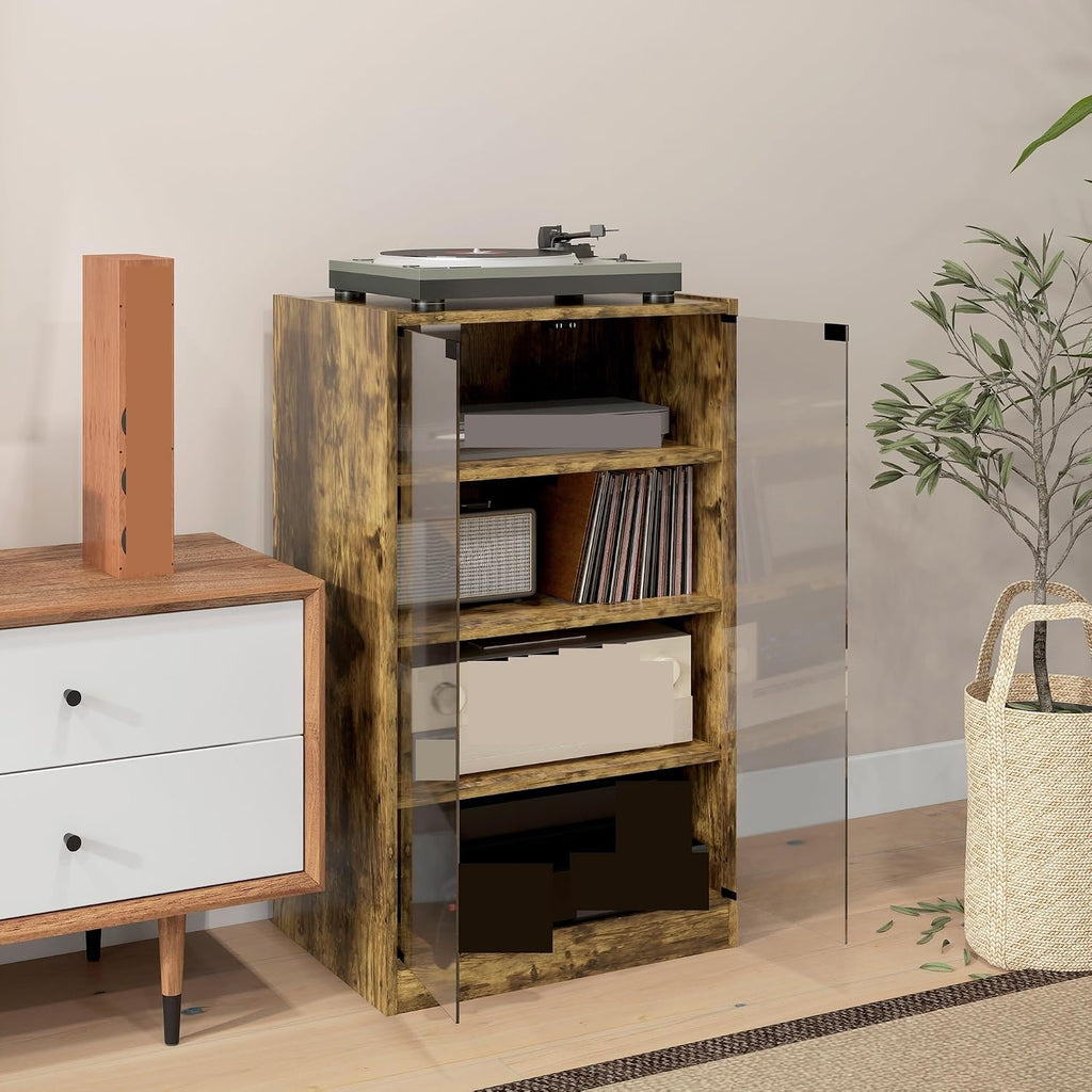 Retro Media Cabinet with 4-Tier Stereo, Modern Audio Video Media Stand with Adjustable Shelves,for Kitchen Home