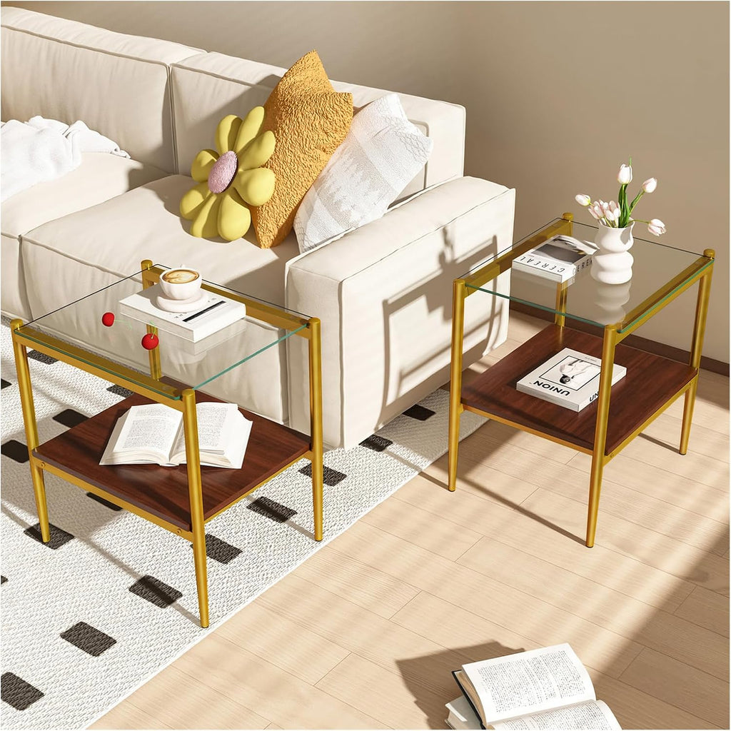 Modern Tempered Glass End Table, 19.1"L x 15.35"W Side Table with Sturdy Iron Legs & MDF Storage Shelf, Modern Table for Living Room, Bedroom, Small Spaces, Easy Assembly (Gold + Brown + Transparent)