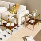 Modern Tempered Glass End Table, 19.1"L x 15.35"W Side Table with Sturdy Iron Legs & MDF Storage Shelf, Modern Table for Living Room, Bedroom, Small Spaces, Easy Assembly (Gold + Brown + Transparent)