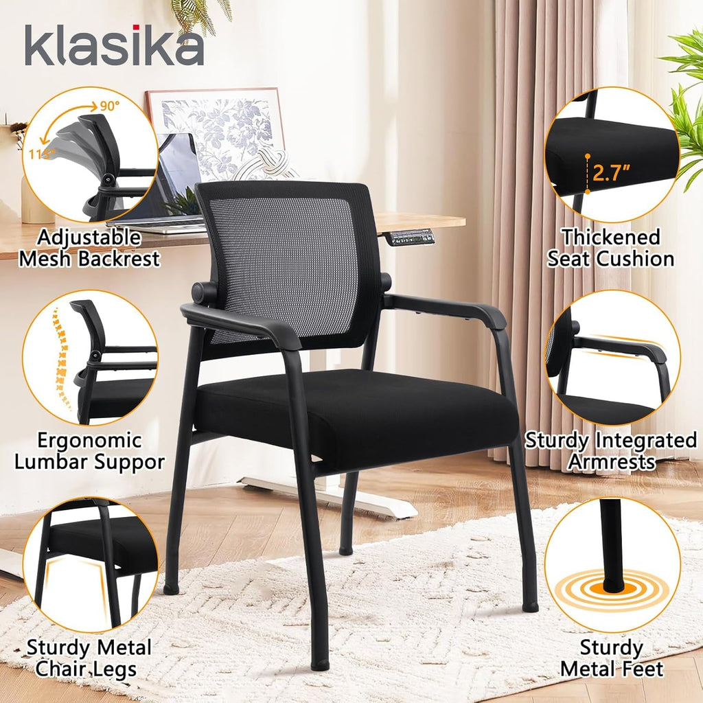 KLASIKA Office Guest Chairs No Wheels | Ergonomic Lumbar Support and Thicked Seats Cushion, Desk Chair with Adjustable Mesh Back for Waiting Room School Church Reception，Black