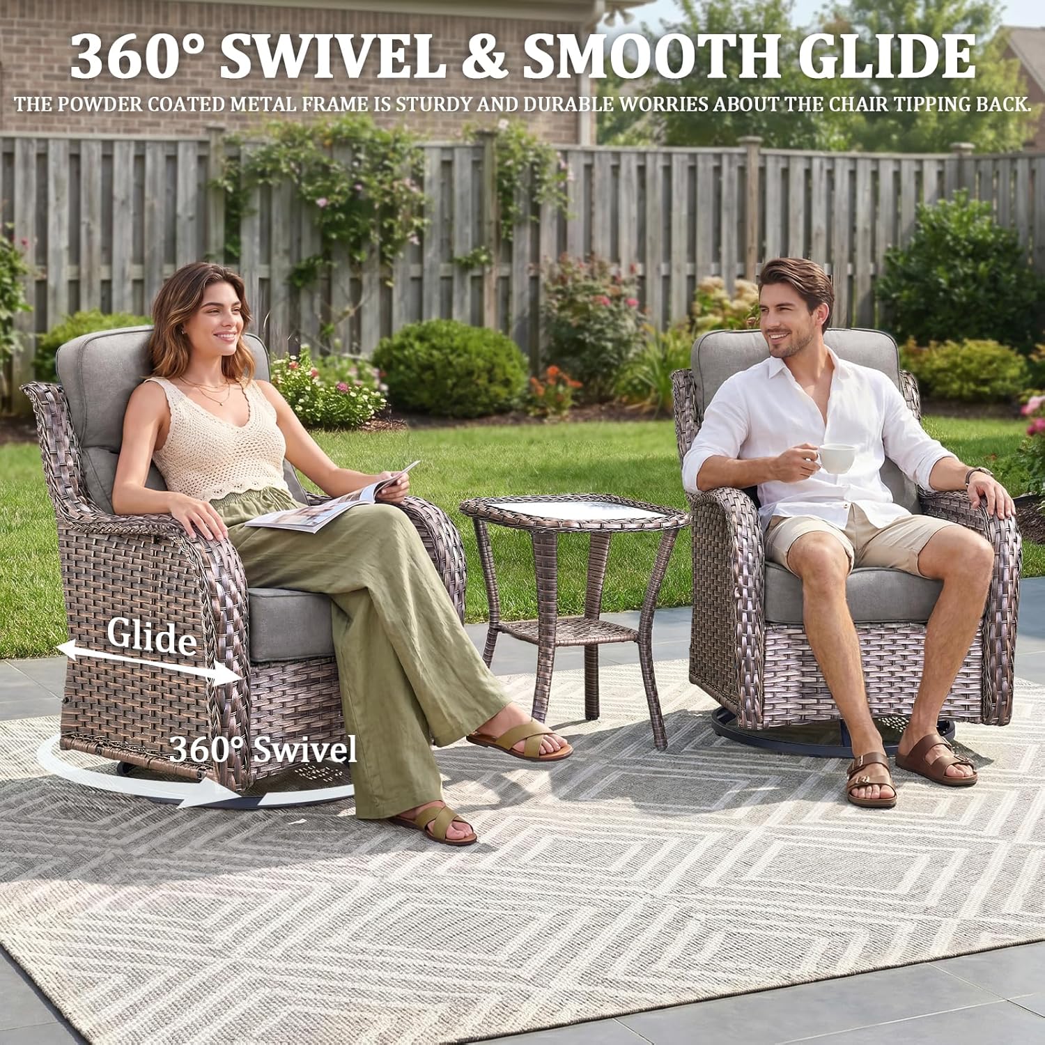 Luxury Swivel Rocker Chairs Fire Pit Table Set with 6" Thick Cushion 4 piece Wicker Outdoor Patio Chair with Sofa,Comfortable High Back Outdoor Patio Furniture Set - Brown | Gery