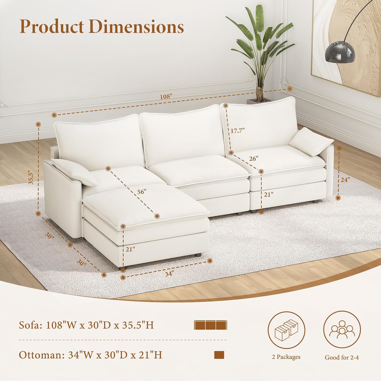 Vesgantti 108" Modular Sectional Sofa, Comfy Cloud Couch with Movable Ottoman Deep Seat Chenille L Shaped Modular Sofa, Sectional Couches for Living Room, Bedroom and Apartment, Snow White