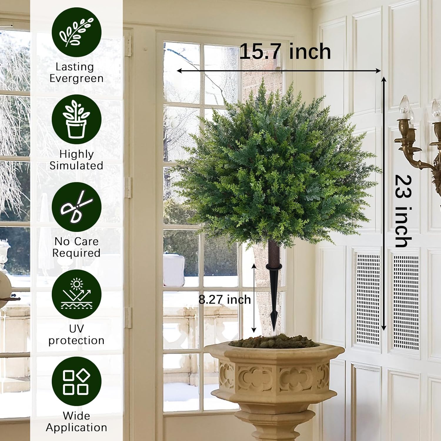 Waipfaru Artificial Plants Outdoor, 2Pcs 23'' Artificial Cedar Topiary with Ground Spike, UV-Resistant Fake Plants Fake Bushes Shrubs for Outdoor Indoor Garden Front Porch Decor