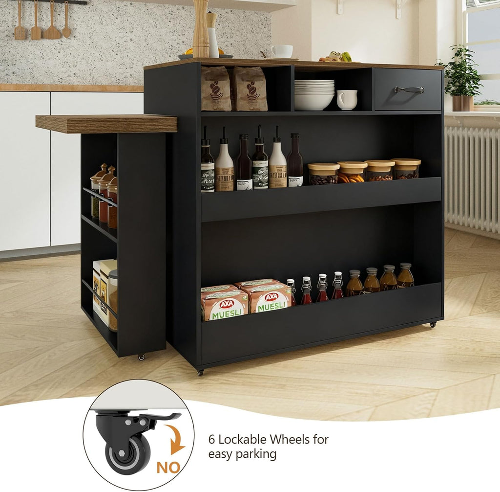 kitchen island with extendable table & 360° Swivel Tabletop, Rolling Kitchen Island Cart with Storage & Seating 4, Mobile Kitchen Island Table with Cabinet, Drawers & Shelves, Black Brown Wood