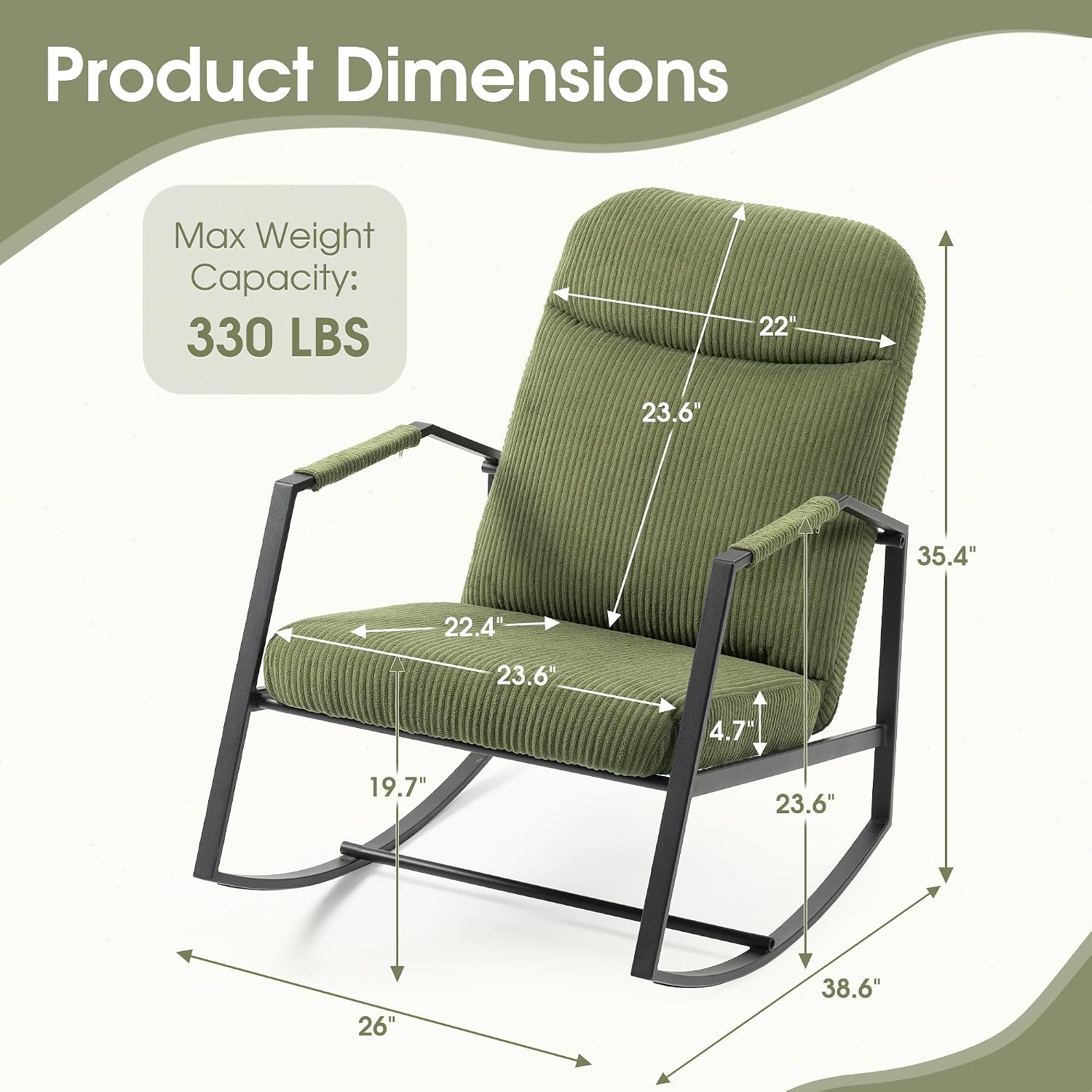 HOMEFUN Nursery Rocking Chair,Patio Rocking Chair,Upholstered Glider Rocker with Padded Seat and High Backrest Safe and Comfy Armchair for Living Room Office,Front Porch, Garden, Patio, Backyard Green