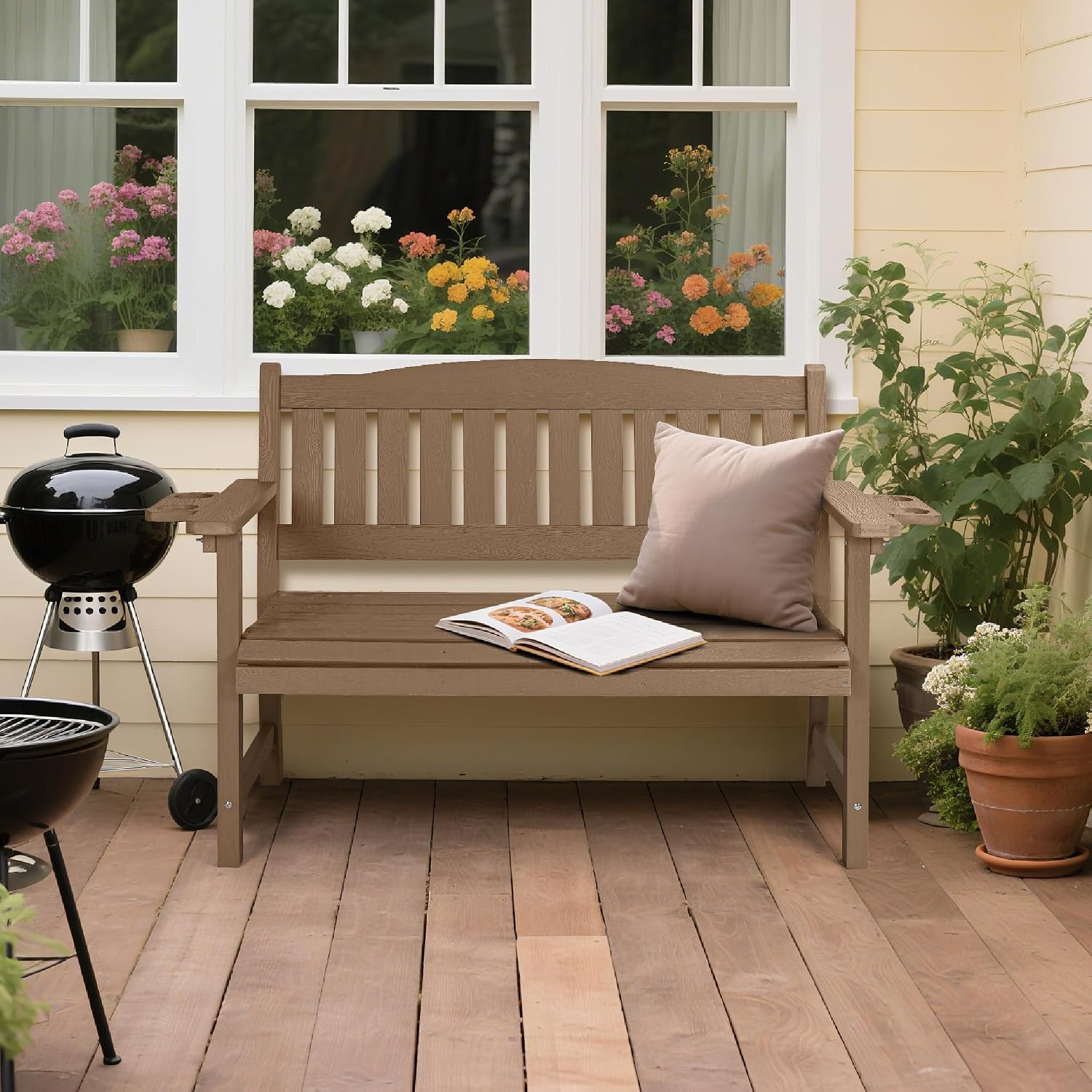 2-Person HIPS Outdoor Benches, Weatherproof Garden Bench with 800 lbs Weight Capacity, Artificial Wood Grains, Never Rot or Fade, Patio Benches for Garden, Porch, Balcony, Backyard,Park, Brown, 1 Pack