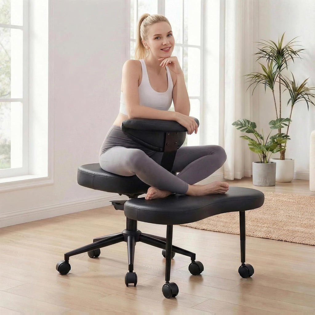 Ergonomic Cross-Legged Office Chair – Adjustable Height, Enhanced Lumbar Support, 360° Swivel, Wide Meditation & Yoga Kneeling Seat, Sturdy Steel Base, Wheels – PU Leather Black