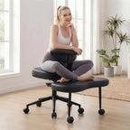 Ergonomic Cross-Legged Office Chair – Adjustable Height, Enhanced Lumbar Support, 360° Swivel, Wide Meditation & Yoga Kneeling Seat, Sturdy Steel Base, Wheels – PU Leather Black