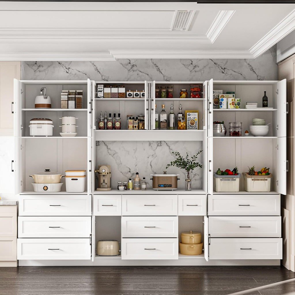 ECACAD 110.2" W Kitchen Pantry with Glass Doors & Open Countertop, Large Cupboard Storage Cabinet with Adjustable Shelves & 11 Drawers for Living Room, Dining Room, White