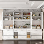 ECACAD 110.2" W Kitchen Pantry with Glass Doors & Open Countertop, Large Cupboard Storage Cabinet with Adjustable Shelves & 11 Drawers for Living Room, Dining Room, White