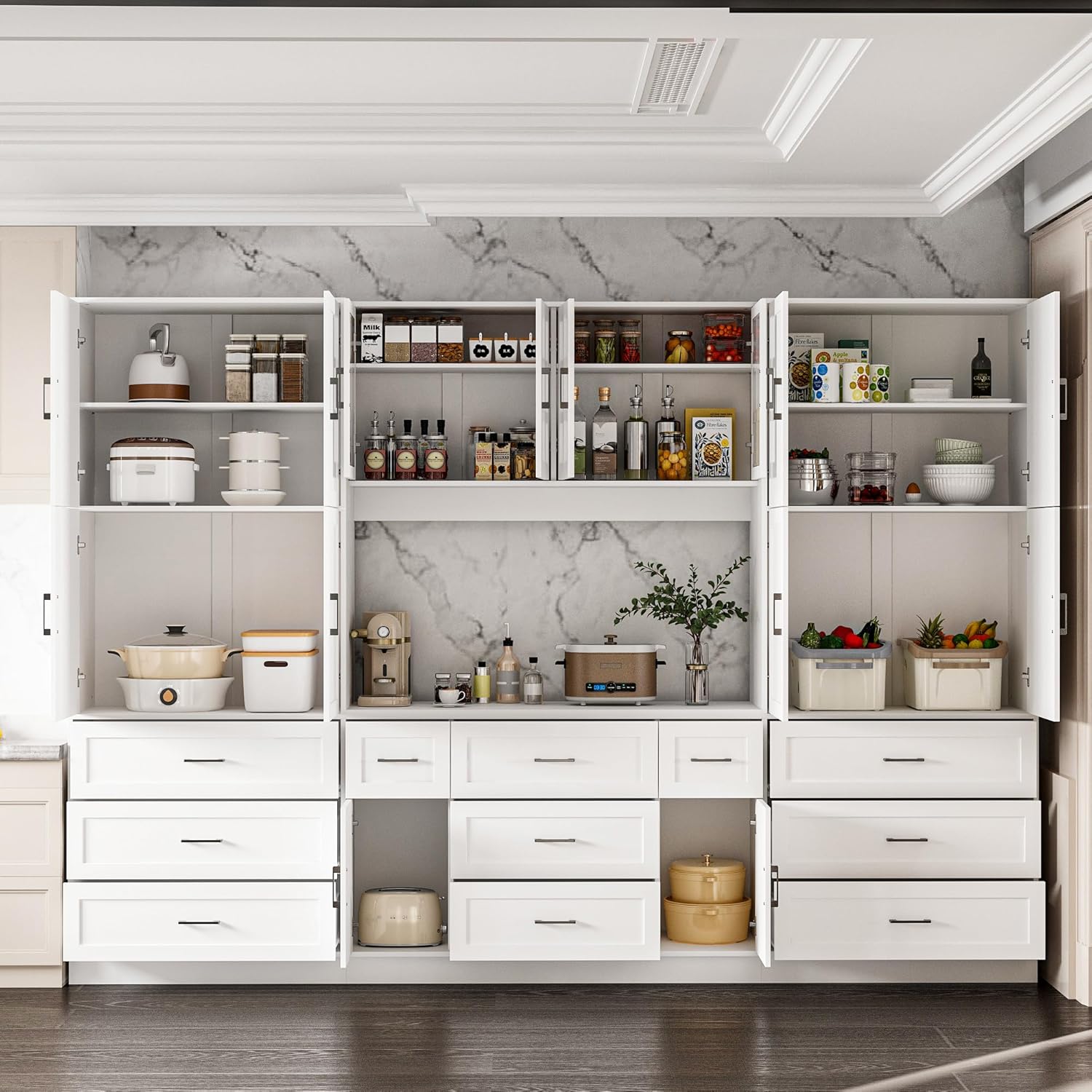 ECACAD 110.2" W Kitchen Pantry with Glass Doors & Open Countertop, Large Cupboard Storage Cabinet with Adjustable Shelves & 11 Drawers for Living Room, Dining Room, White