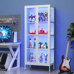 66"Glass Display Cabinet with 3 Color LED Lights,Metal Curio Cabinet with Glass Doors,4-Tier Display Case for Collectibles,Trophy,Plant,White Storage Cabinets For Living Room - Assemble Required