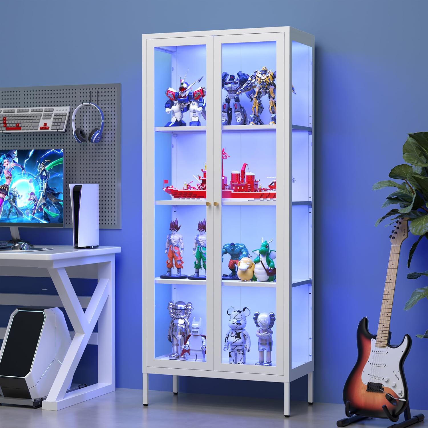 66"Glass Display Cabinet with 3 Color LED Lights,Metal Curio Cabinet with Glass Doors,4-Tier Display Case for Collectibles,Trophy,Plant,White Storage Cabinets For Living Room - Assemble Required