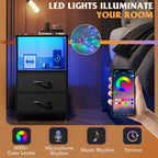 WLIVE LED Night Stand with Charging Station, Black Nightstand with 2 Fabric Drawers and Storage Shelf, Dorm Bedside Table End Table with 2 USB Ports and Outlets, Small Dresser for Bedroom
