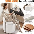 Vanity Chair with Storage, 360° Swivel Velvet Makeup Stool with Wave Backrest, Modern Round Upholstered Closet Stool, No Assembly for Bedroom, Dressing Room & Living Room, White