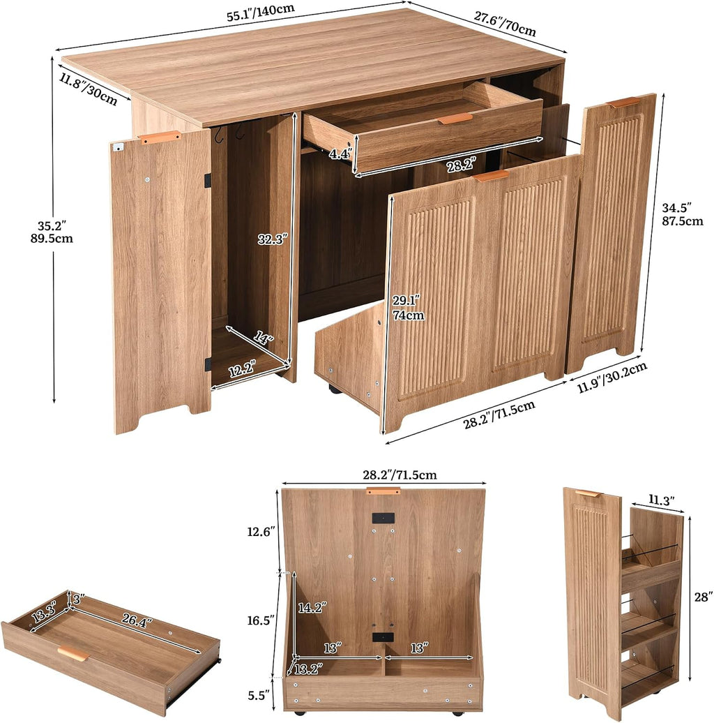 YITAHOME Expandable Kitchen Island with Hidden Trash Cabinet | 55.1" Rolling Kitchen Island with Drop Leaf, Storage Drawer & 3-Tier Side Shelves, Mobile Kitchen Island on Wheels with Hooks