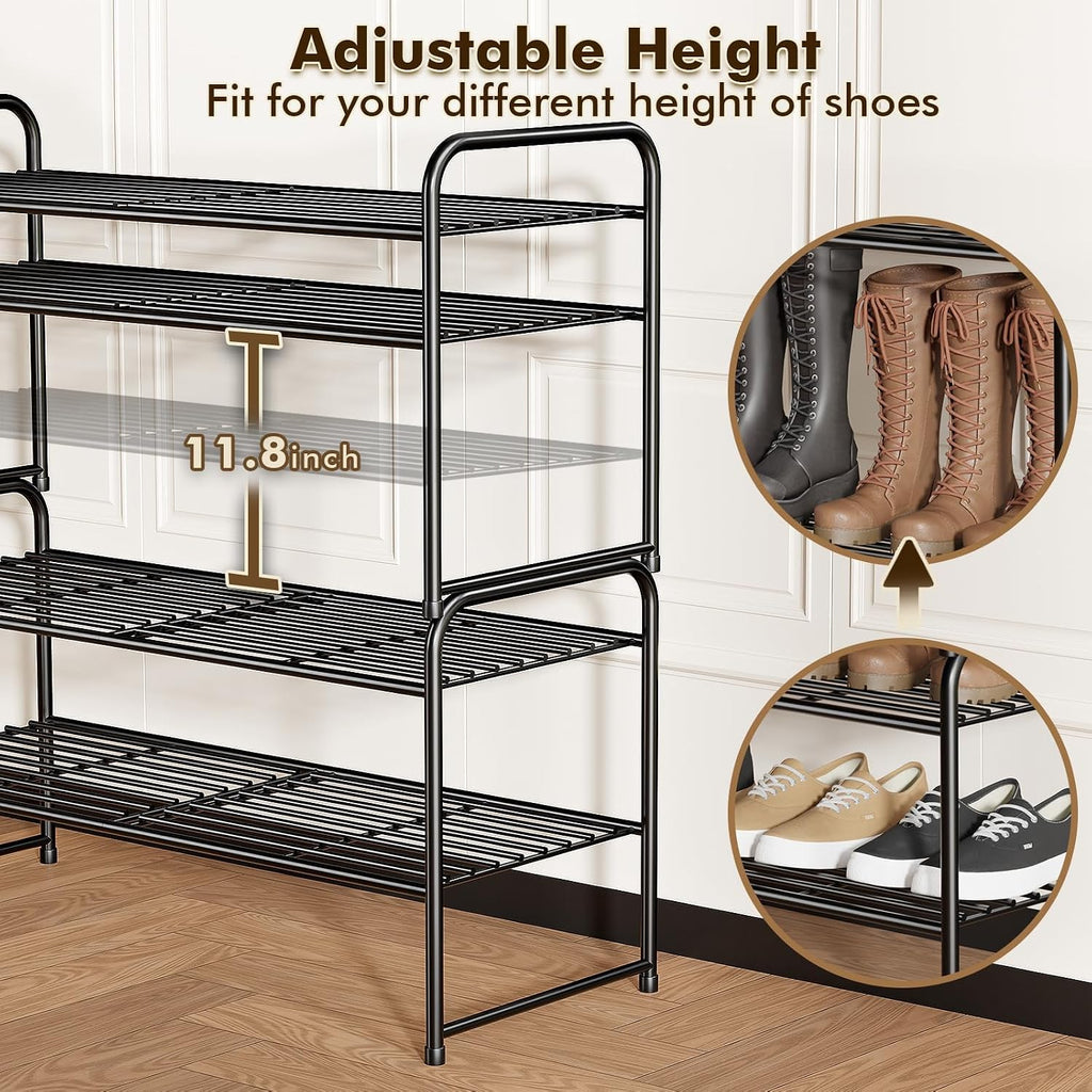 2 Pack Shoe Rack, 2-Tier Metal Stackable Shoe Shelf Storage Organizer, Heavy Duty Wire Shoe Stand for Entryway, Closet, Hallway, Holds 50 LBS, Black