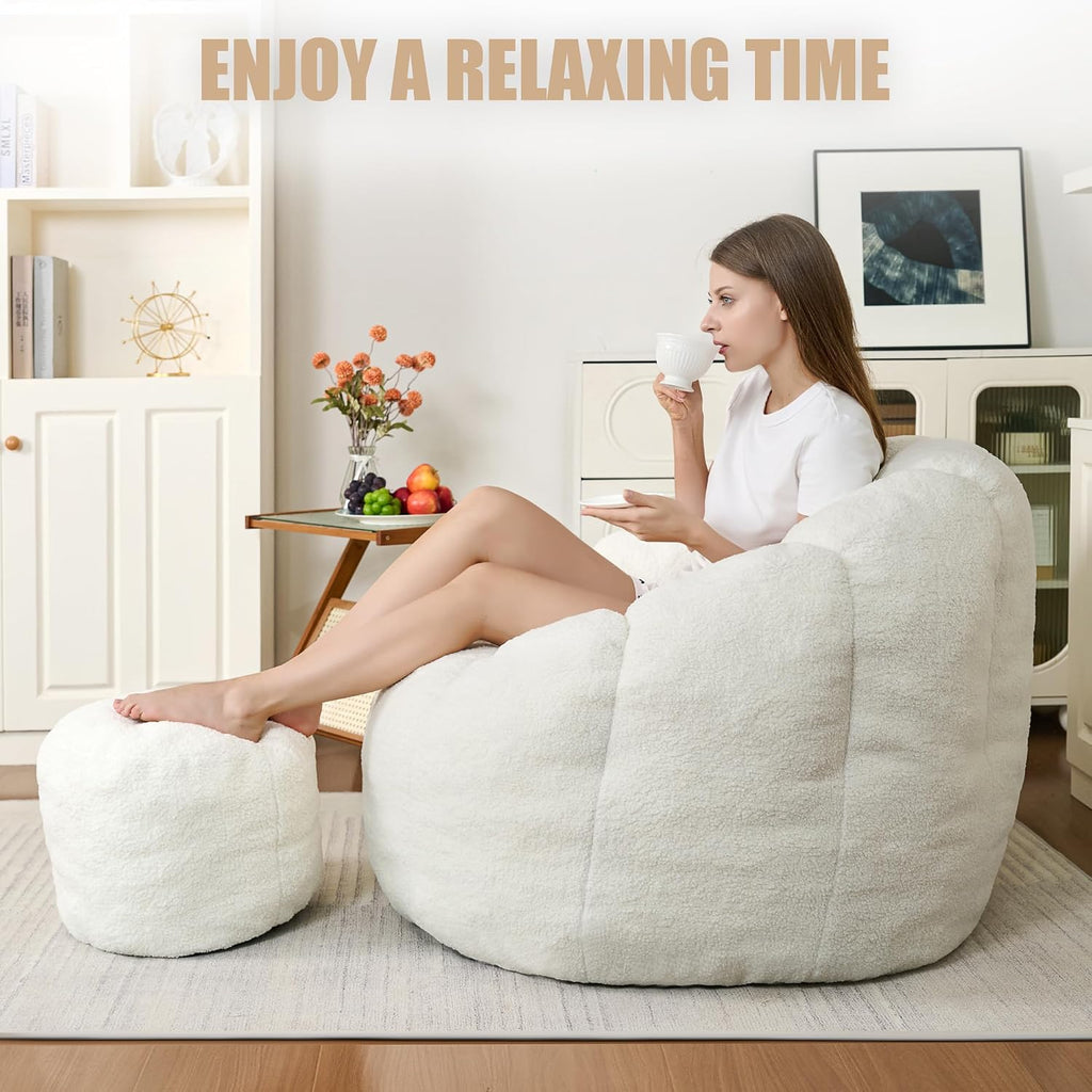Bean Bag Chair for Adults, Gaint Beanbag Chair with Ottoman, Comfy Lazy Bean Bag Reading Chair for Living Room, Bedroom, White