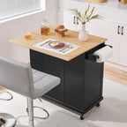 Yaheetech Rolling Kitchen Island Cart with Drop Leaf, Portable Rubberwood Breakfast Bar with Storage Cabinet, Open Shelves & Detachable Towel, 2 Drawers, Black