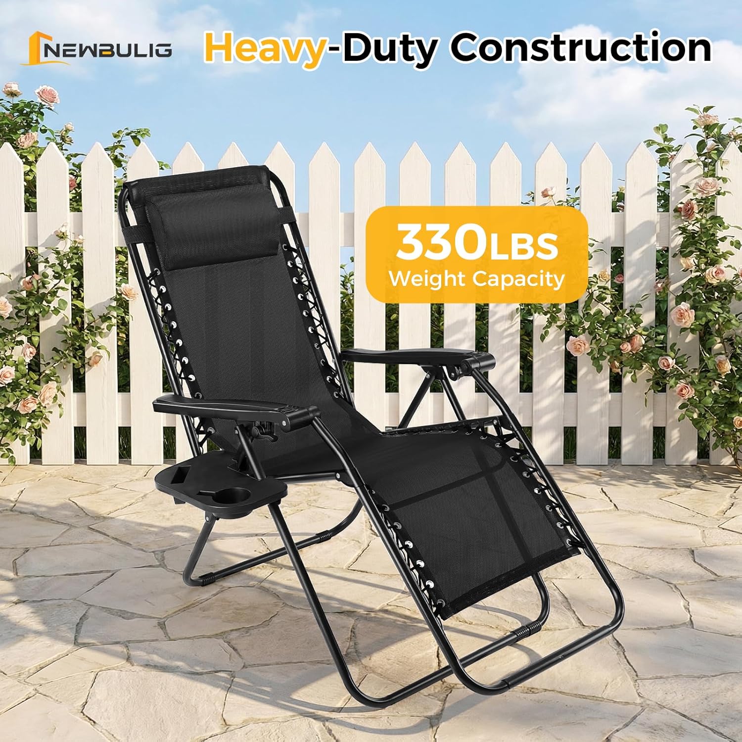NEWBULIG Zero Gravity Chair Set of 2, Lounge Chair Folding Portable Adjustable Camping Reclining Chairs with Adjustable Pollow, Mesh Back, Cup Holder Trays Lawn Patio Chair for Pool Beach - Black