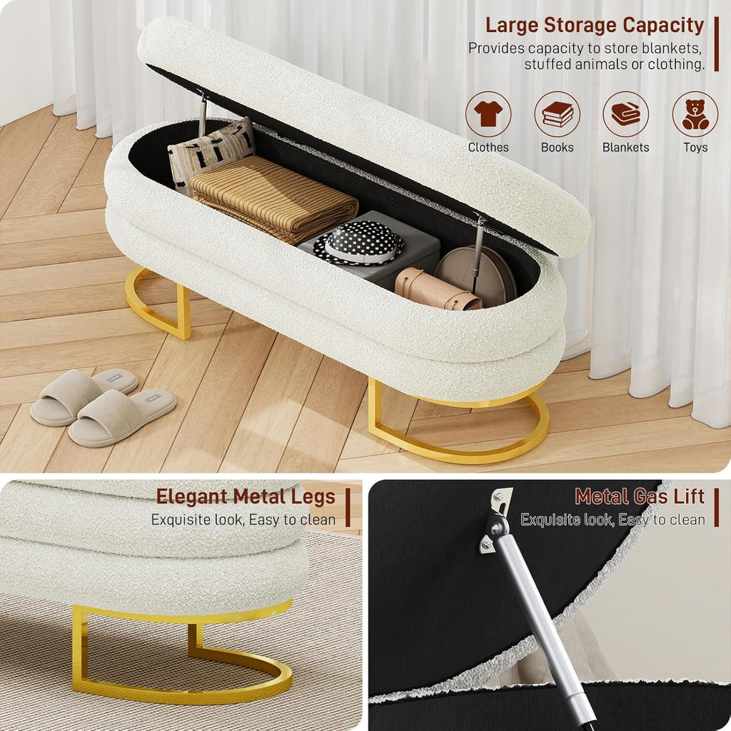 Vabches 49" Ottoman with Storage, Storage Bench with Golden Metal Leg Large Oval Upholstered Linen End of Bed Bench for Living Room, Bedroom, Window & Entryway, 330 lb Capacity, White