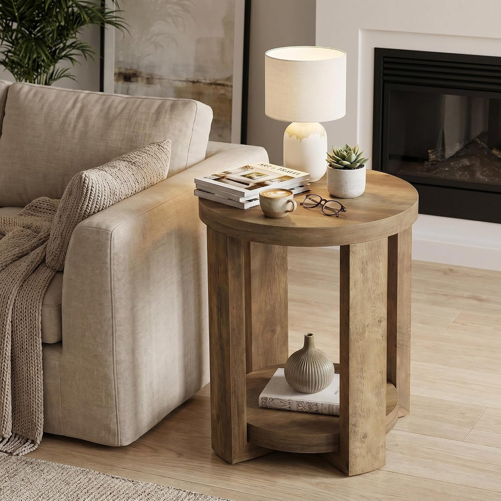 Tribesigns Round Side Table, 2-Tier End Table for Living Room & Bedroom, Small Accent Table with Storage Shelf (2, Brown)