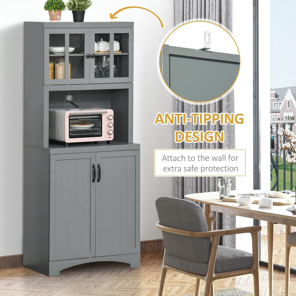 HOMCOM Kitchen Hutch, 70" Pantry Cabinet with Glass Framed Door, Storage Cabinet with Adjustable Shelves and Microwave Space for Dining Room, Gray