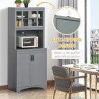 HOMCOM Kitchen Hutch, 70" Pantry Cabinet with Glass Framed Door, Storage Cabinet with Adjustable Shelves and Microwave Space for Dining Room, Gray