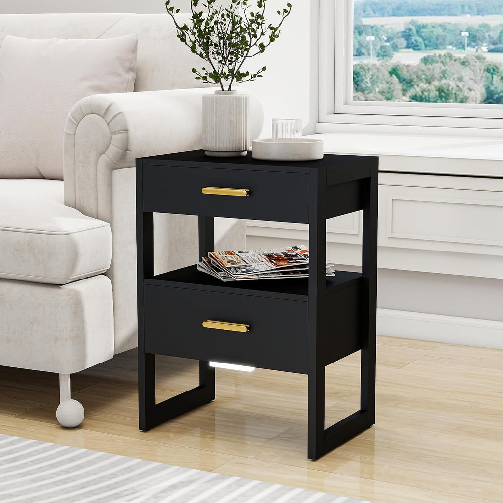 Wooden Nightstands Set of 2 with Motion Sensor Light & Storage Drawer, Modern Bedside Table End Table for Bedroom, Small Spaces, Sturdy Wood Side Table Furniture, Black