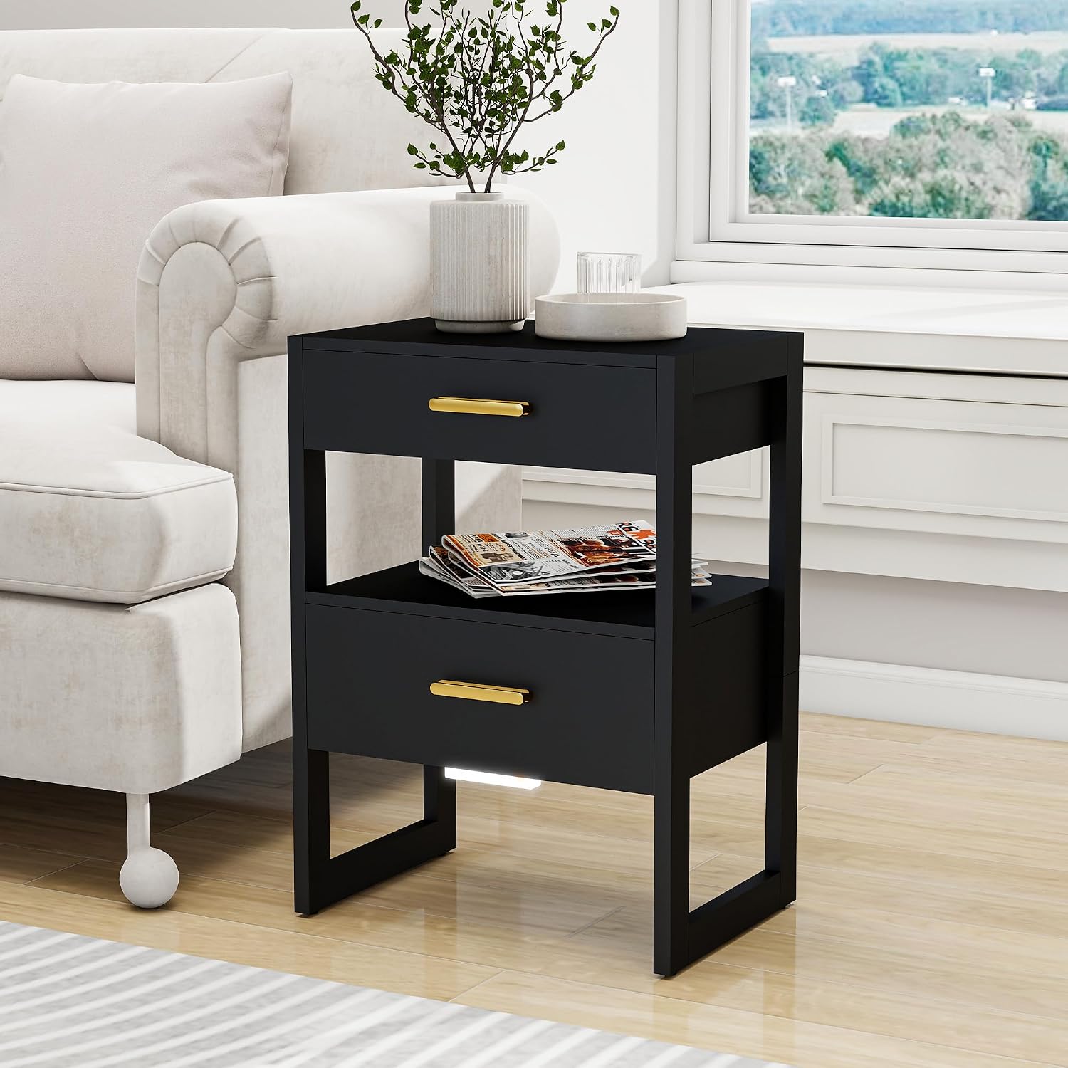 Wooden Nightstands Set of 2 with Motion Sensor Light & Storage Drawer, Modern Bedside Table End Table for Bedroom, Small Spaces, Sturdy Wood Side Table Furniture, Black
