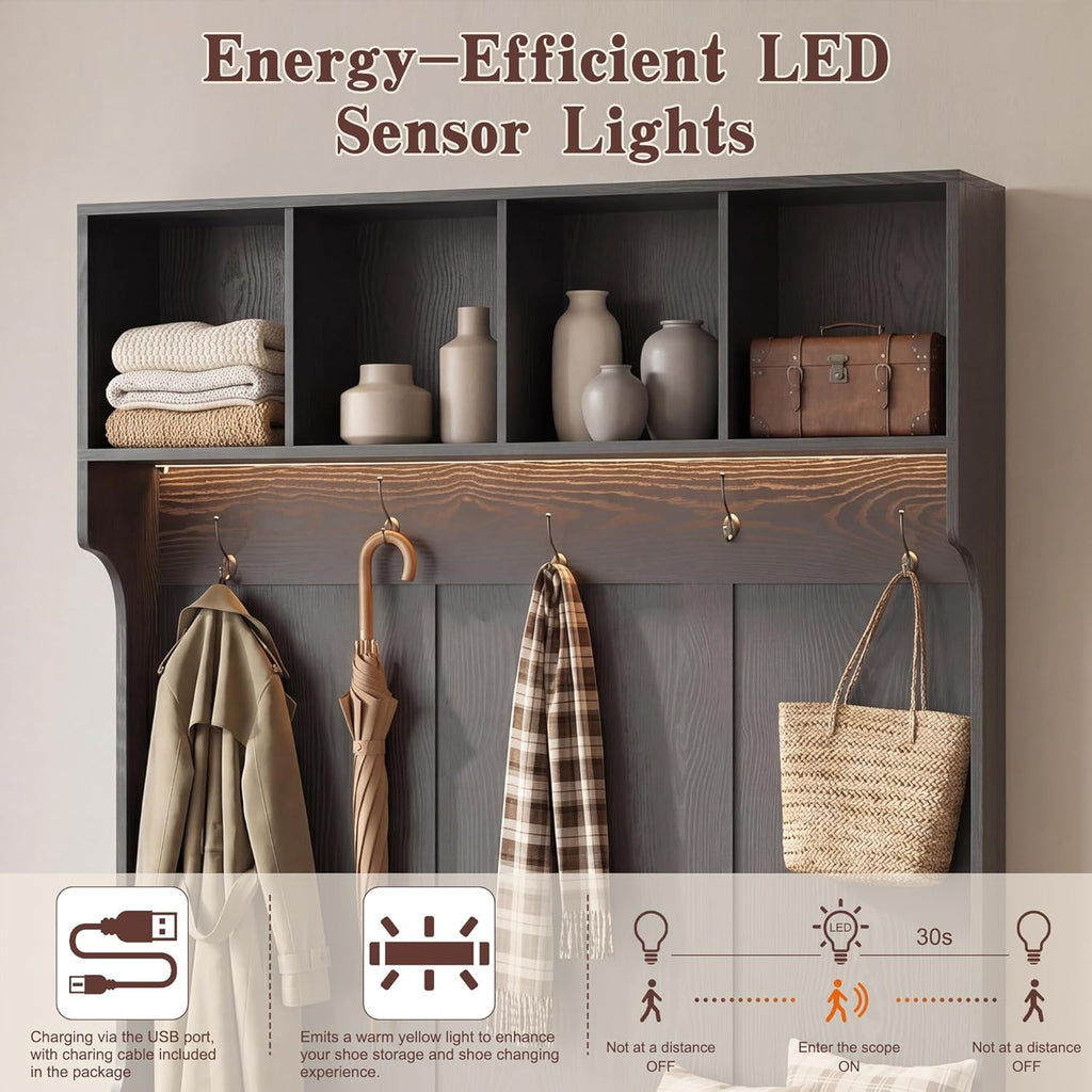 Hall Tree with Bench and Shoe Storage, 5-in-1 Entryway Coat Rack with LED Sensor Light, Hooks and Storage Cubes, Shoe Cabinet with Fluted Door, Modern Hall Tree for Entryway, Living Room
