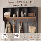 Hall Tree with Bench and Shoe Storage, 5-in-1 Entryway Coat Rack with LED Sensor Light, Hooks and Storage Cubes, Shoe Cabinet with Fluted Door, Modern Hall Tree for Entryway, Living Room