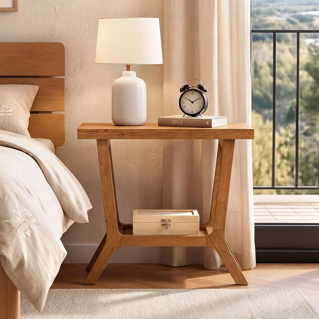 Solid Wood End Table, Small Wooden Side Table with 2-Tier Storage, Narrow Rustic Bedside Nightstand for Living Room, Bedroom, Small Places, Brown (2PCS)