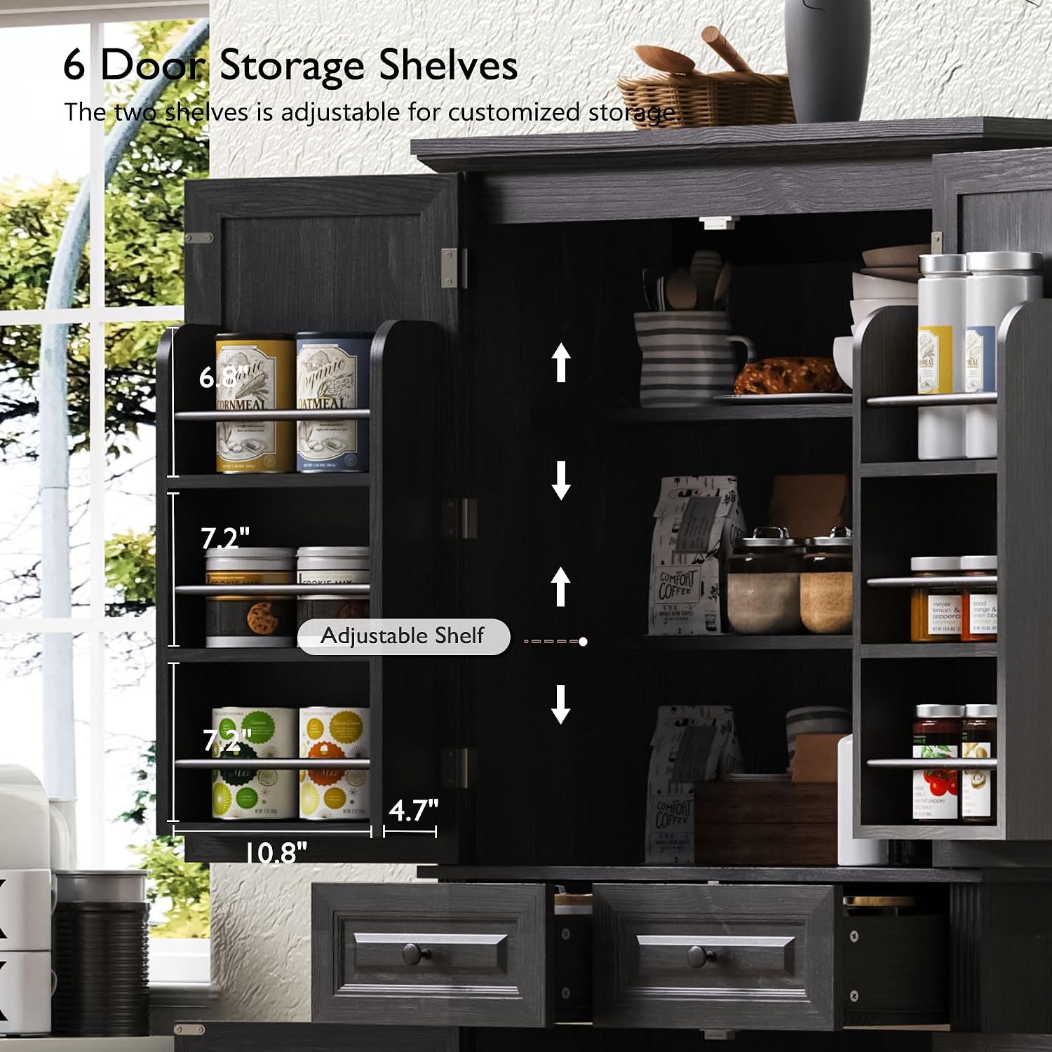 Anwick 71" Tall Kitchen Cabinet Pantry Storage, Modern Kitchen Hutch Cabinet with 2 Large Drawers, Freestanding Cupboard Cabinets with 2 Adjustable Shelves & 6 Door Shelves (Black-4Doors)
