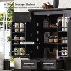 71.3" Tall Kitchen Pantry Cabinet with 3 Pull Out Organizers, Farmhouse Embossed Storage Cabinet with 6 Door Shelves, 2 Drawers, Freestanding Cupboard for Kitchen, Dining Room Black