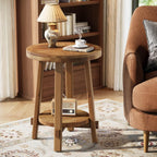 Solid Wood Side Table for Living Room, Small Round End Table with 2-Tier Storage, Farmhouse Wooden Circle Bedside Nightstand for Small Spaces, Bedroom, Brown