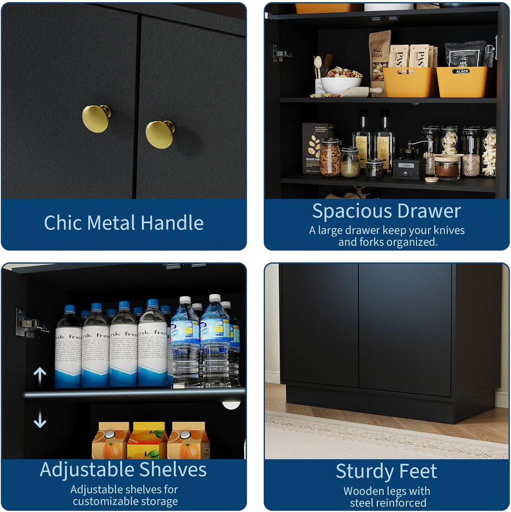 TROPOW Kitchen Pantry Storage Cabinet, 67" Tall Food Pantry with Adjustable Shelves & Anti-Tip Design, Large Kitchen Hutch Cabinet for Dining Room Living Room, Black