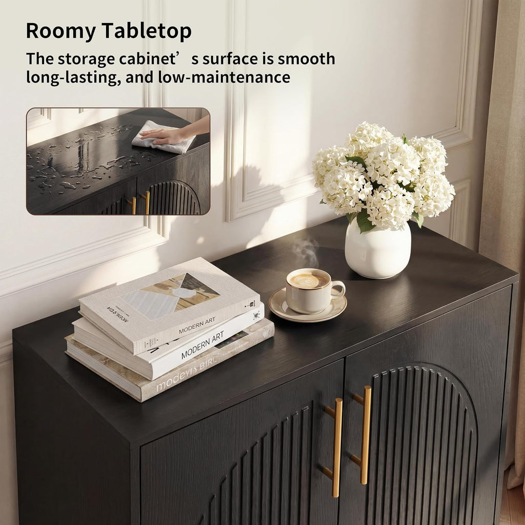 Fluted Sideboard Buffet Cabinet with Storage, Arched Doors & Adjustable Shelves, Modern Accent Credenza, Anti-Tip Console Cabinet for Living Room, Entryway, Hallway & Kitchen, Black