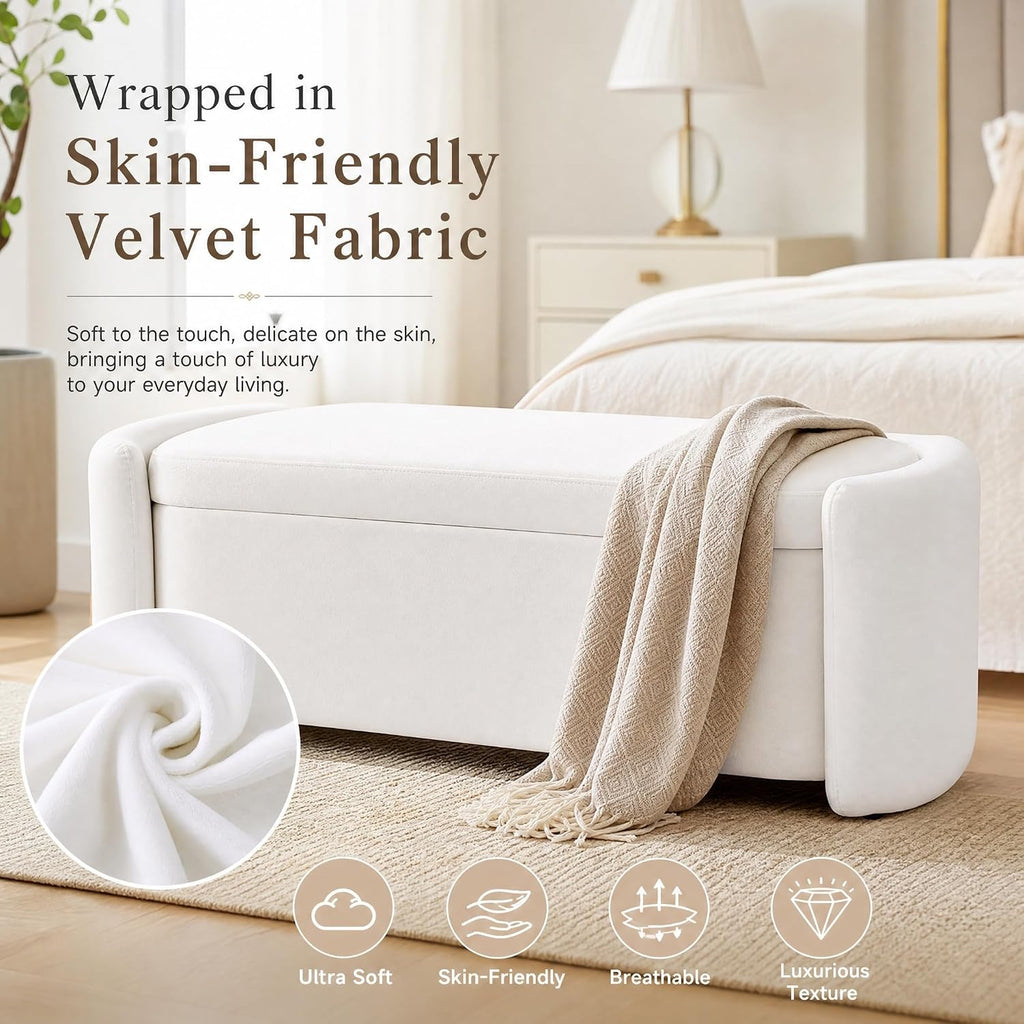 48.8" Modern Velvet Storage Ottoman Bench, Upholstered Fabric Storage Bench for Bedroom End of Bed, Large Oval Storage Ottoman for Living Room Entryway Hallway, White
