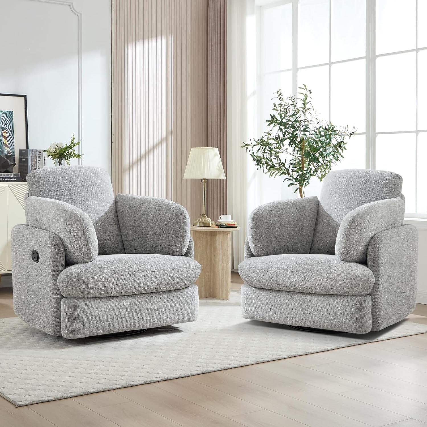 CANMOV Swivel Rocker Recliner, Manual Recliner Chair for Adults, Nursery Glider Rocking Chair with 2 Bolster Pillows and Hidden Storage, Light Grey