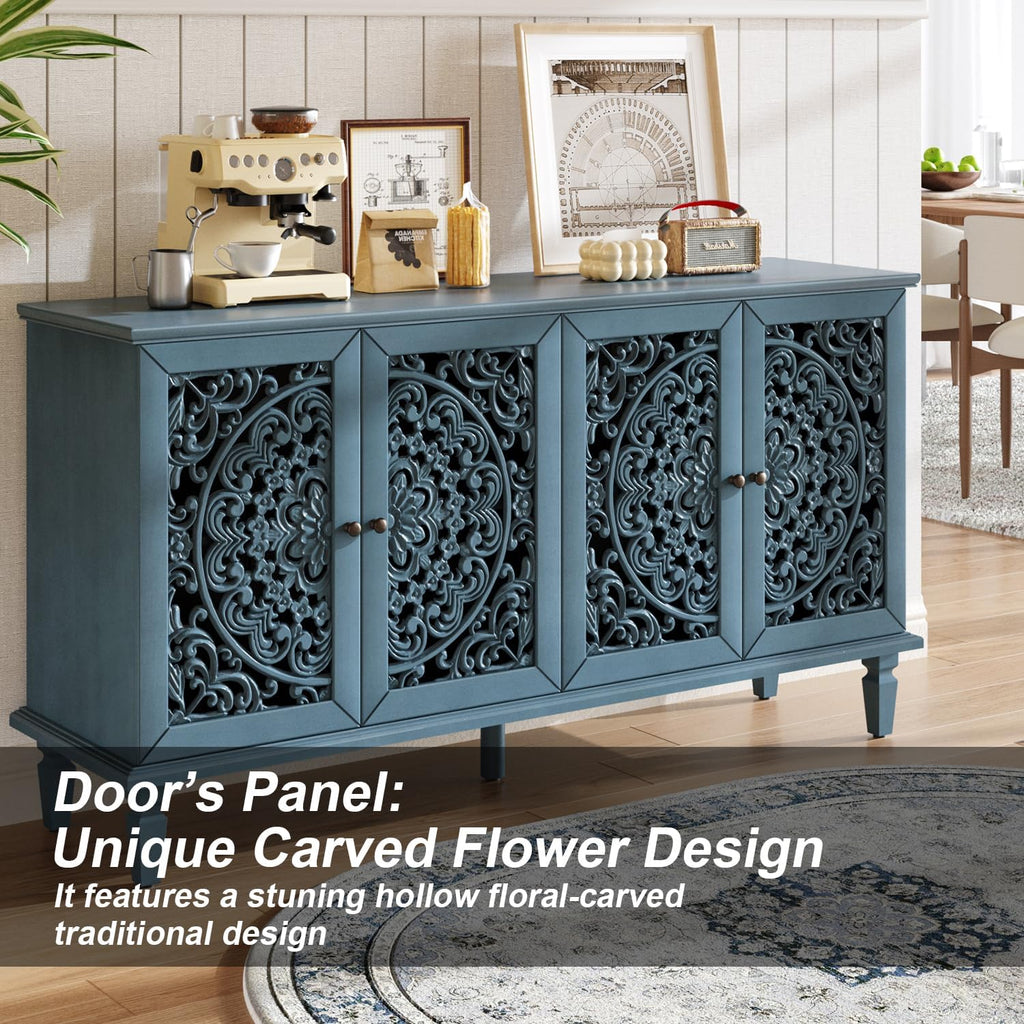 Sideboard Buffet Credenza Cabinet, 4-Door Hollow-Carved Accent Buffet, 60" Large Vintage Distressed Sideboard Storage Cabinet for Kitchen, Living Room,Entryway, Blue