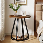 Tribesigns Small Round Side Table, 2-Tier Sofa End Table with Metal Frame and Lower Shelf, Wooden Bedside Nightstand for Small Spaces, Living Room, Bedroom, Vintage Brown & Black