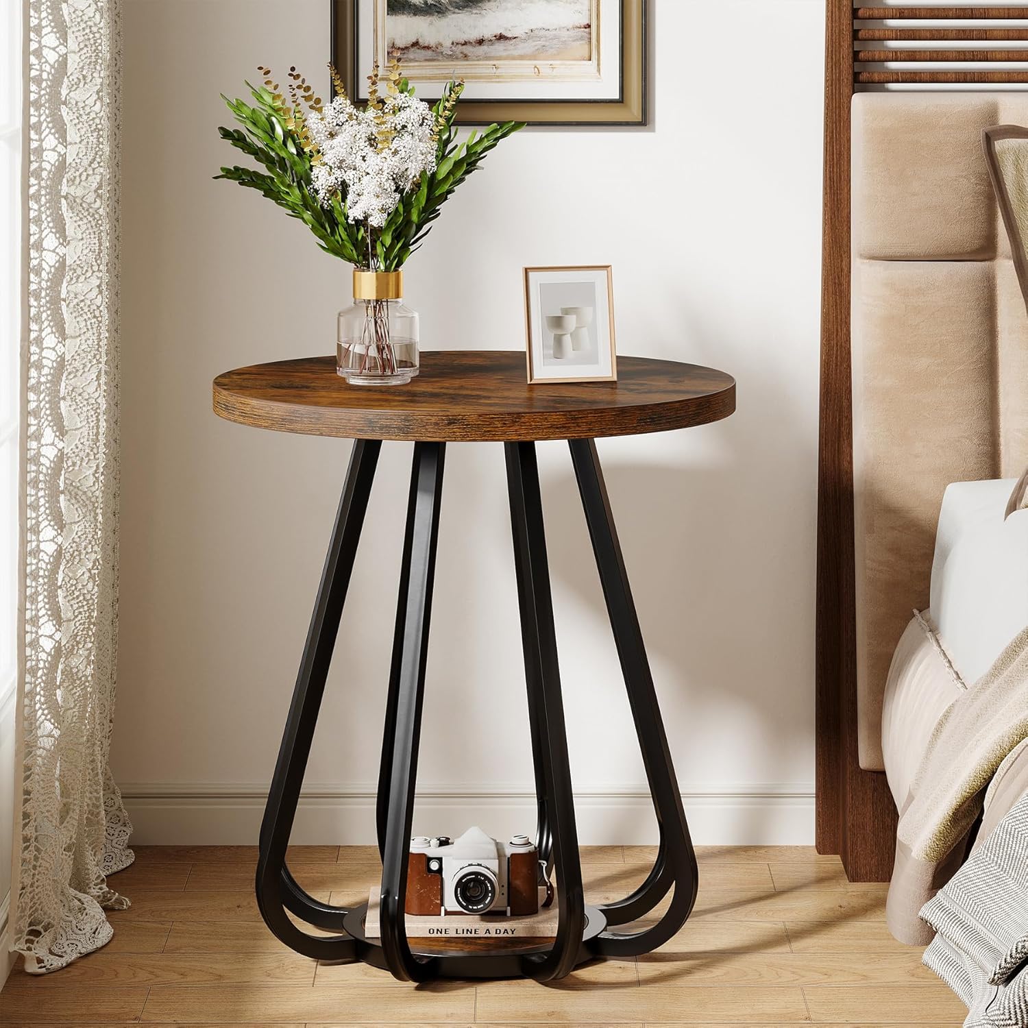 Tribesigns Small Round Side Table, 2-Tier Sofa End Table with Metal Frame and Lower Shelf, Wooden Bedside Nightstand for Small Spaces, Living Room, Bedroom, Vintage Brown & Black