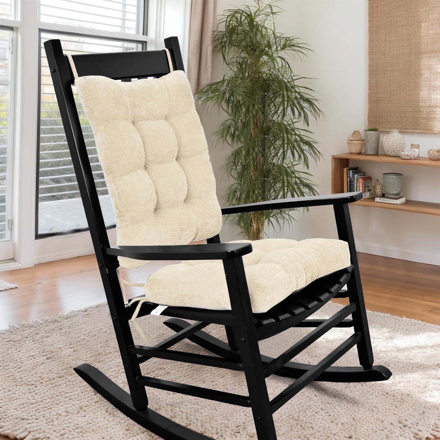 Rocking Chair Cushion for Elderly Sitting, Back Pillow & Seat Cushion with Ties, Luxury Chenille Fabric Non-Slip Chair Pad for Rocker, Beige, 21.6x17x2/ 17x17x3