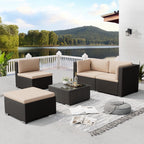 5 Pieces Outdoor Patio Furniture Sets, All Weather Wicker Rattan Sectional Patio Sofa, Outdoor Seating Sofas with Glass Table and Washable Cushion, Light Brown