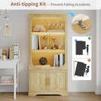69" Tall Display Cabinet with Glass Doors, Curio Cabinet with 3 LED Lights and Human Body Sensor, Glass Display Case with Storage Cabinet for Living Room, Oak