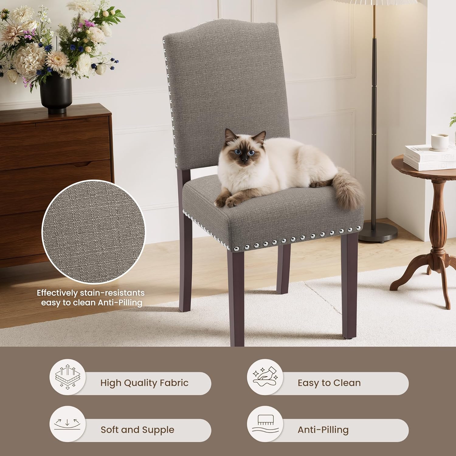 Upholstered Dining Chairs Set of 6 with Thickened Seat Cushion, Wooden Mid-Century Modern Fabric Farmhouse Kitchen Chairs for Dining Room Living/Restaurant/Reading Room