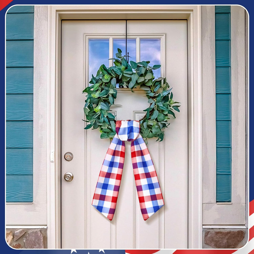 VitalCozy 4th of July Check Wreath Sash for Front Door Wreath Satin Sash Red Blue White Patriotic Embroidery Monogram Garland Ribbon Accessories 250th Anniversary Independence Day Party Indoor Outdoor