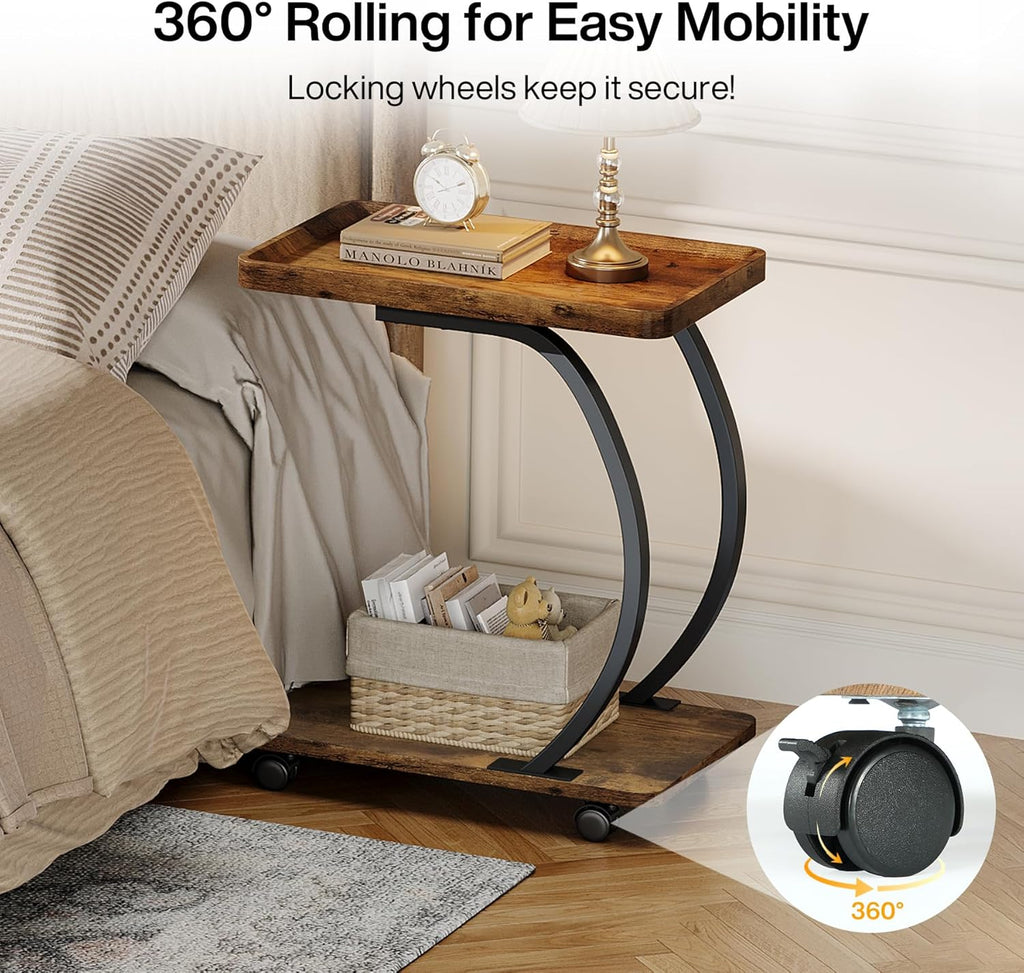 Tribesigns C-Shaped End Table, Industrial 2-Tier Small Side Table with Wheels, Wood Bedside Snack Couch Table with Metal Frame, for Living Room Small Spaces, Rustic Brown