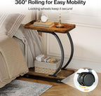Tribesigns C-Shaped End Table, Industrial 2-Tier Small Side Table with Wheels, Wood Bedside Snack Couch Table with Metal Frame, for Living Room Small Spaces, Rustic Brown